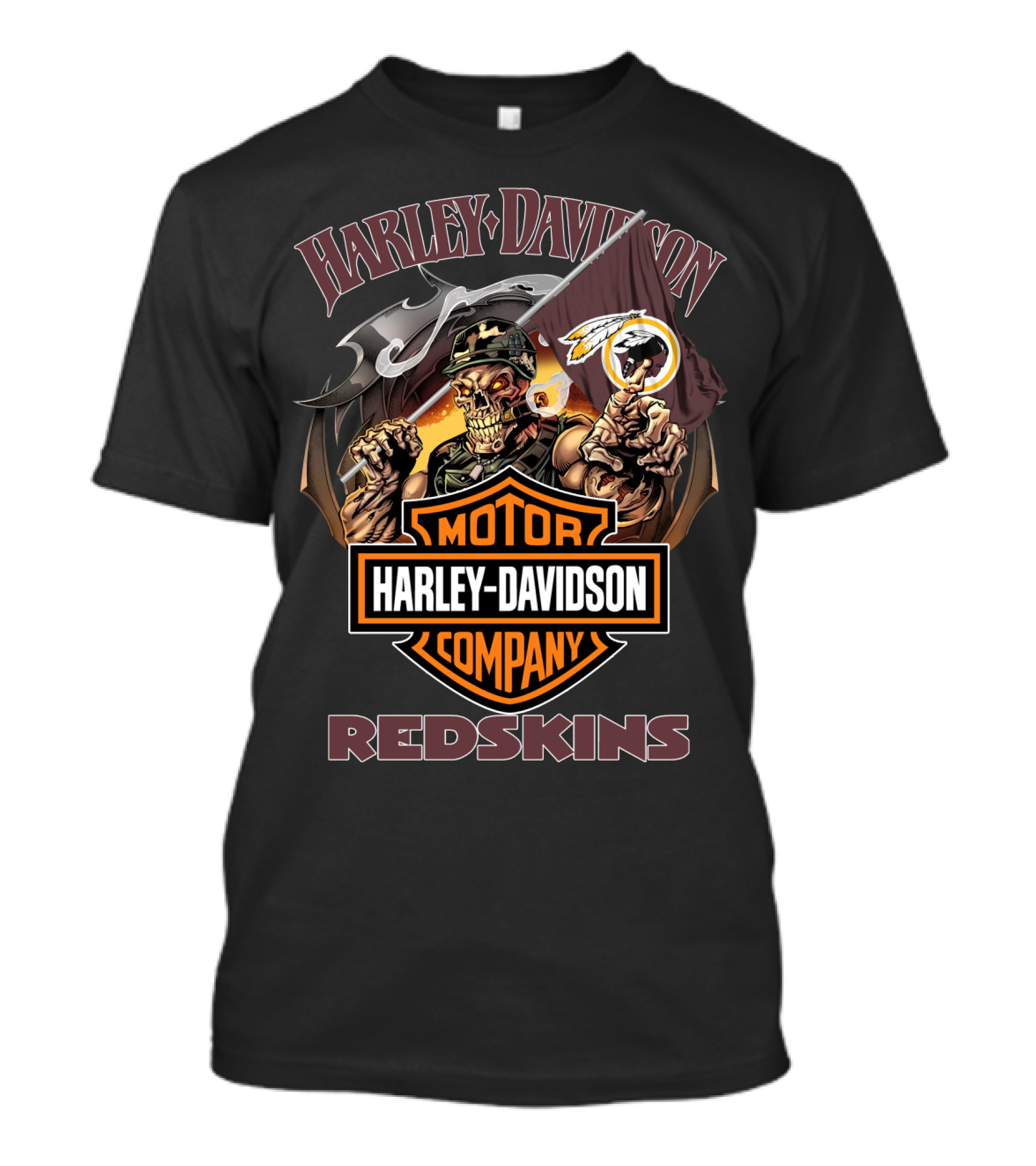 Harley Davidson Redskins Skeleton Holding Flag T-Shirt