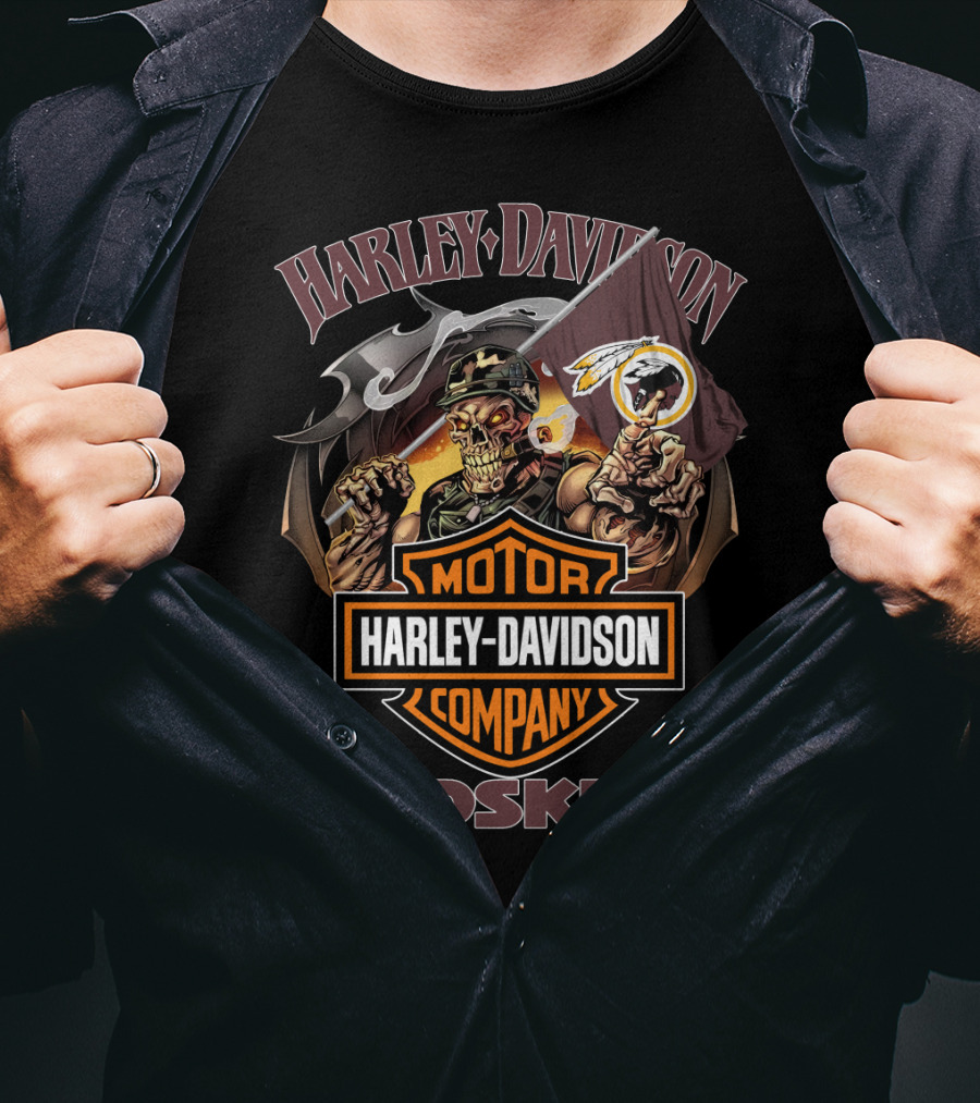 Harley Davidson Redskins Skeleton Holding Flag T-Shirt