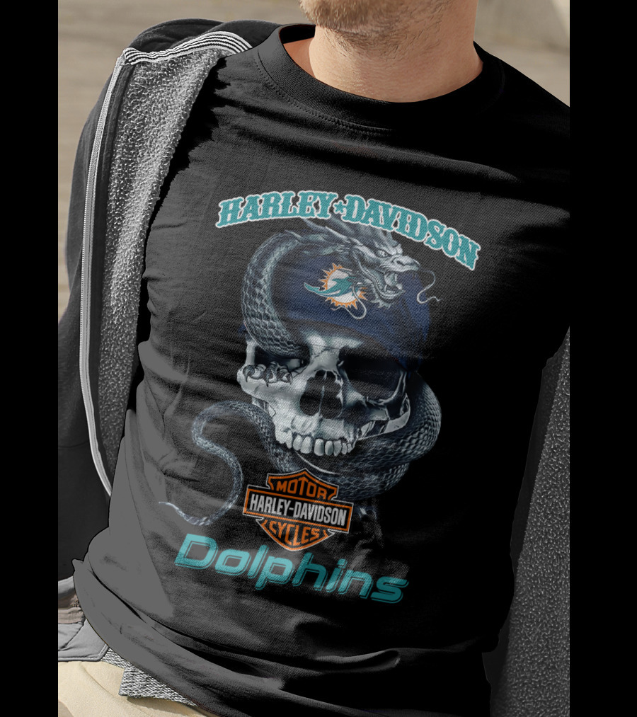 Harley Davidson Motor Cycles Miami Dolphins Skull T-Shirt