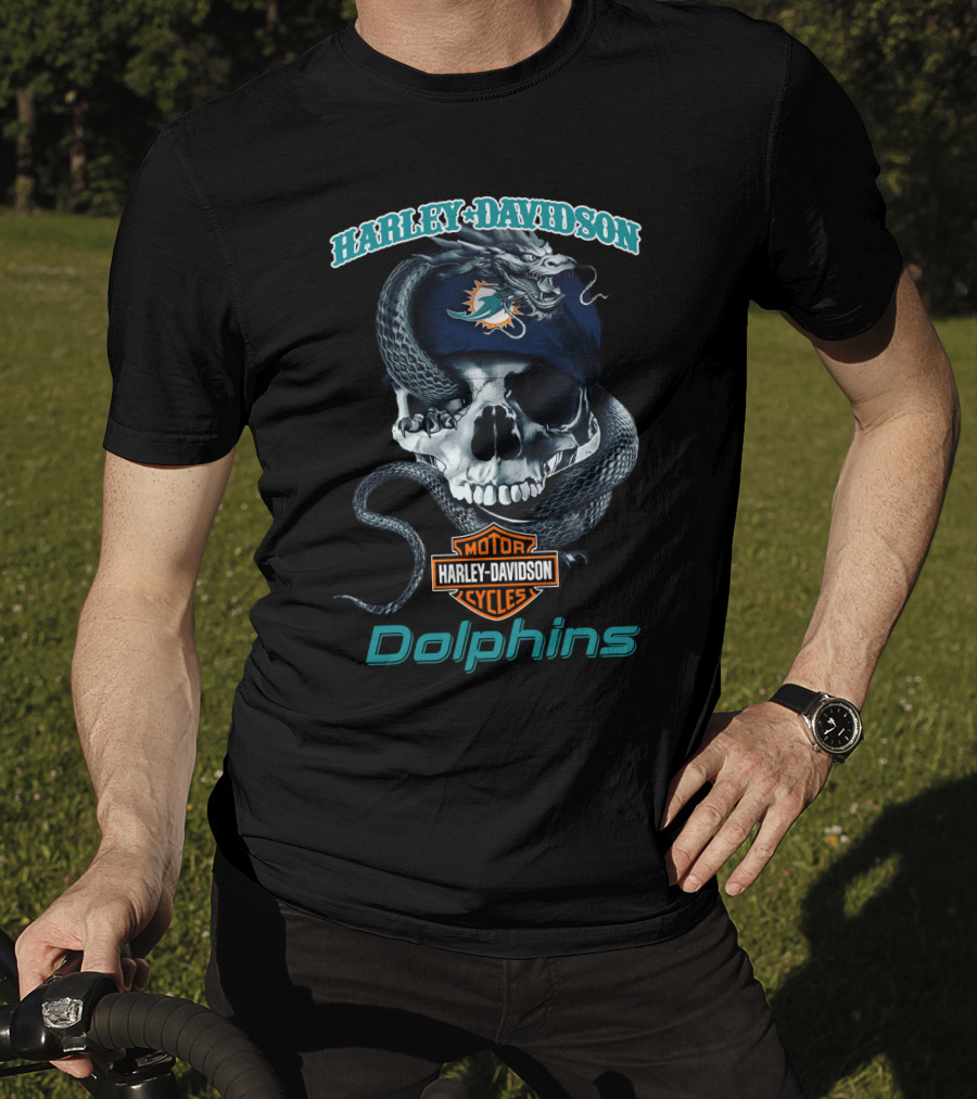Harley Davidson Motor Cycles Miami Dolphins Skull T-Shirt