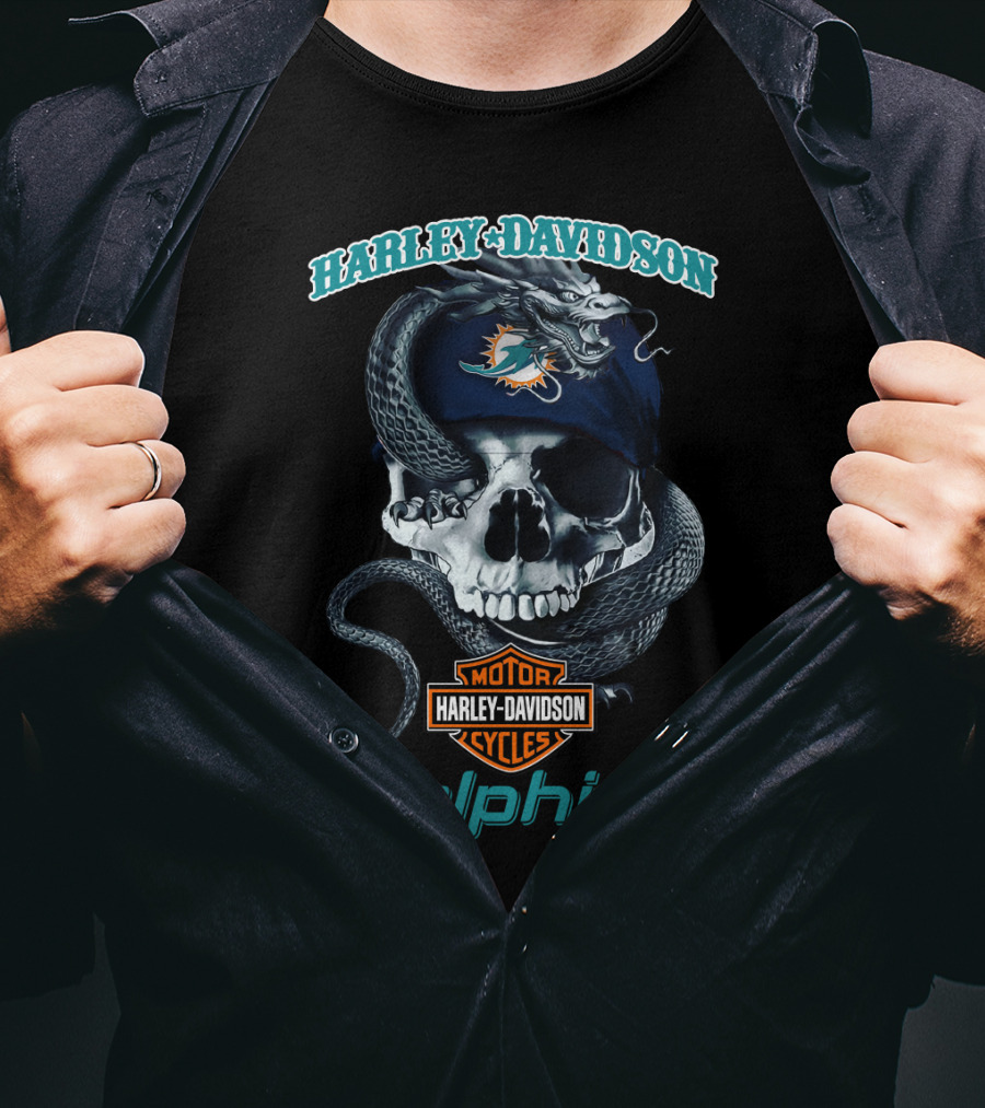 Harley Davidson Motor Cycles Miami Dolphins Skull T-Shirt