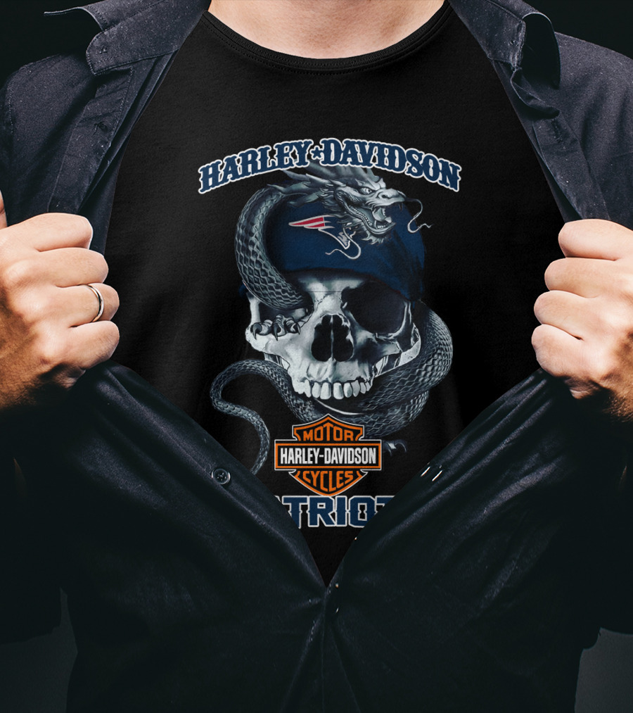 Harley Davidson Motor Cycles New England Patriots Skull And Dragon T-Shirt