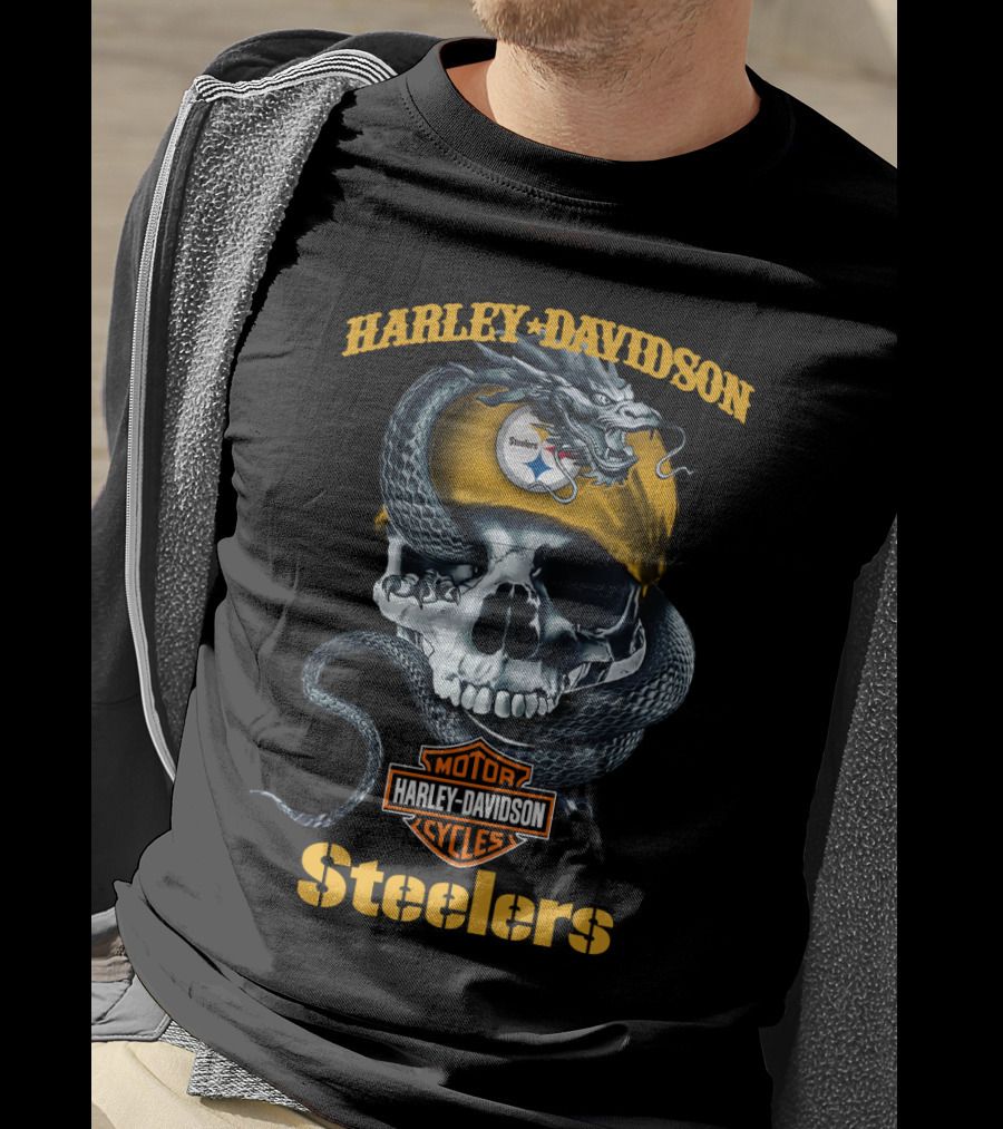 Harley Davidson Steelers Skull With Snake And Helmet T-Shirt