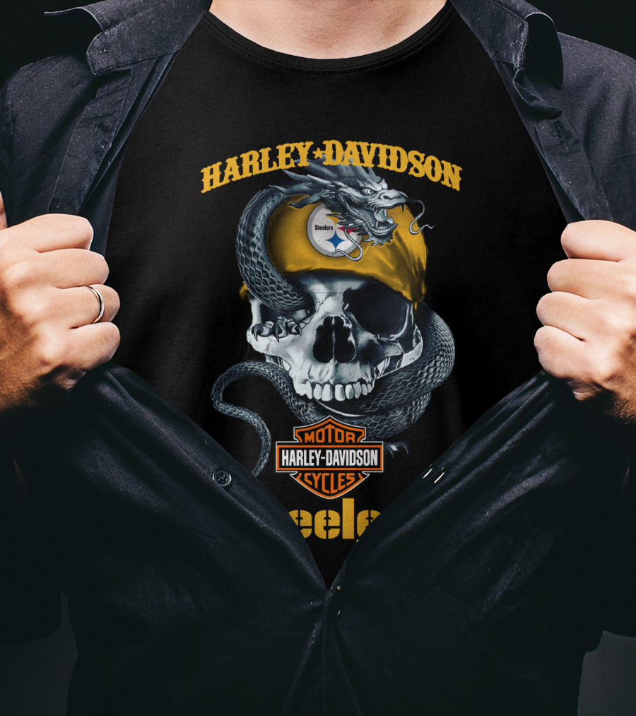 Harley Davidson Steelers Skull With Snake And Helmet T-Shirt