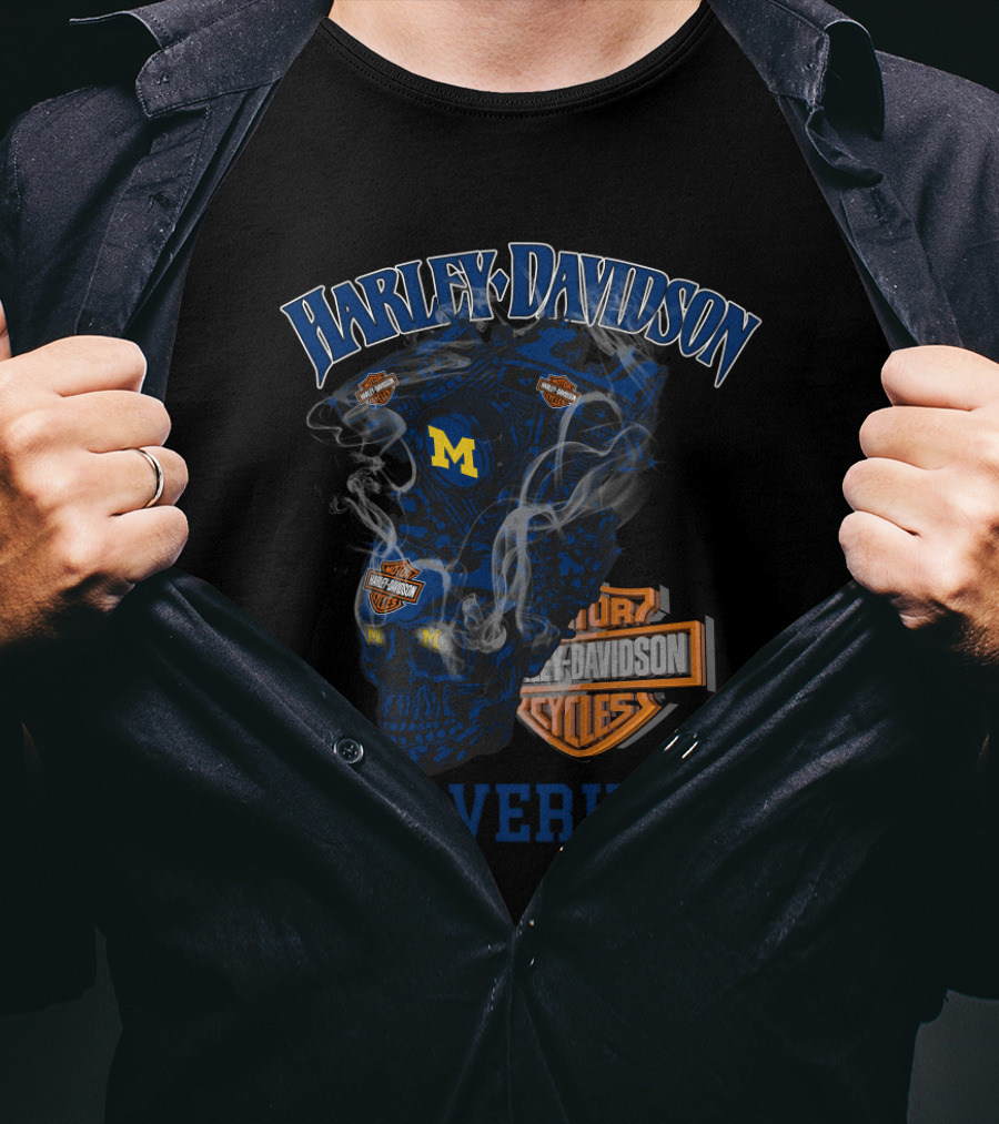 Harley Davidson Wolverines Michigan M Logo Skulls T-Shirt