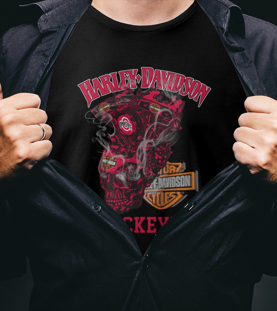 Harley Davidson Ohio State Buckeyes Skull Engine T-Shirt