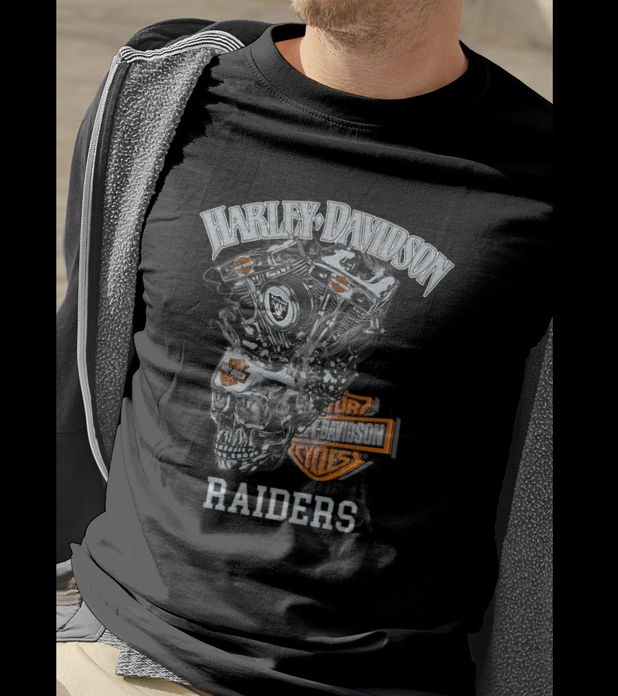 Harley Davidson Raiders Skull Engine Art With Oakland Theme T-Shirt