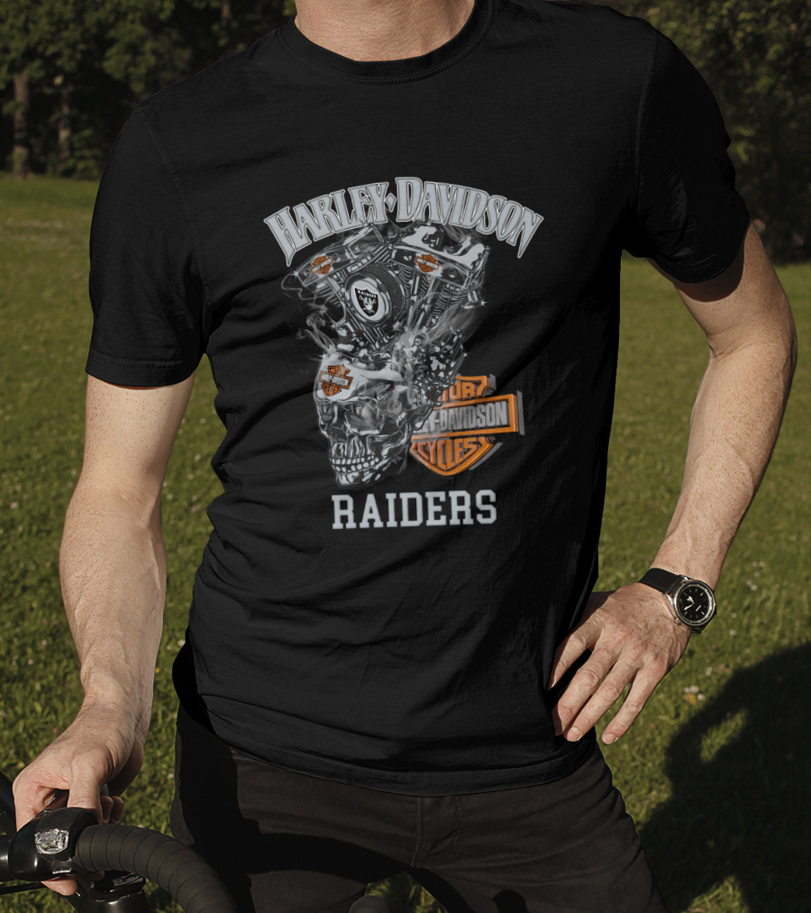 Harley Davidson Raiders Skull Engine Art With Oakland Theme T-Shirt