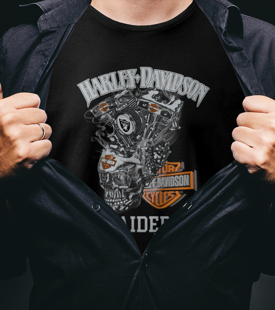 Harley Davidson Raiders Skull Engine Art With Oakland Theme T-Shirt