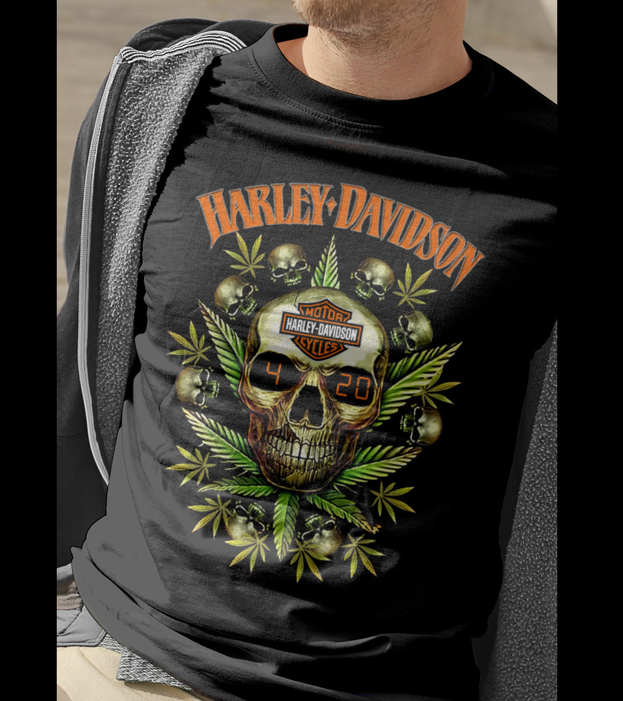 Harley Davidson Skull 420 Motor Cycles Leaf Skulls T-Shirt
