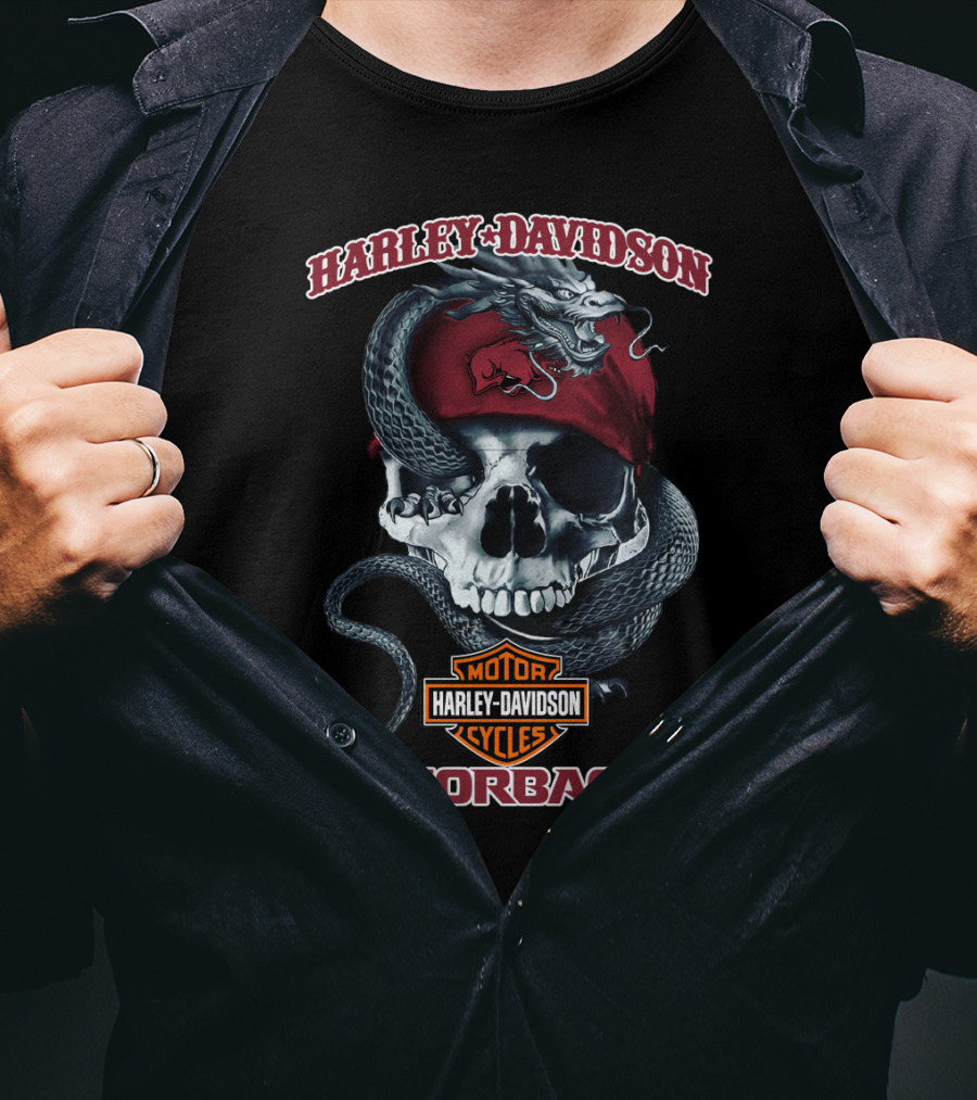 Harley Davidson Motor Cycles Razorbacks Skull And Snake T-Shirt