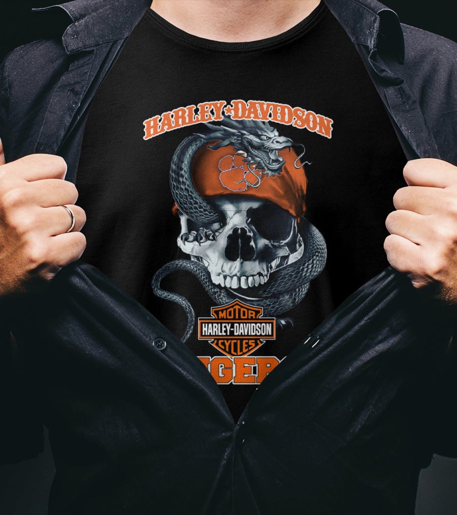 Harley Davidson Motor Cycles Tigers Snake Skull T-Shirt
