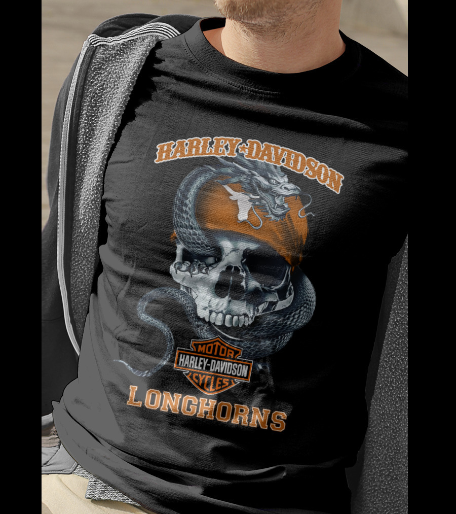 Harley Davidson Motor Cycles Longhorns Texas Skull Snake T-Shirt