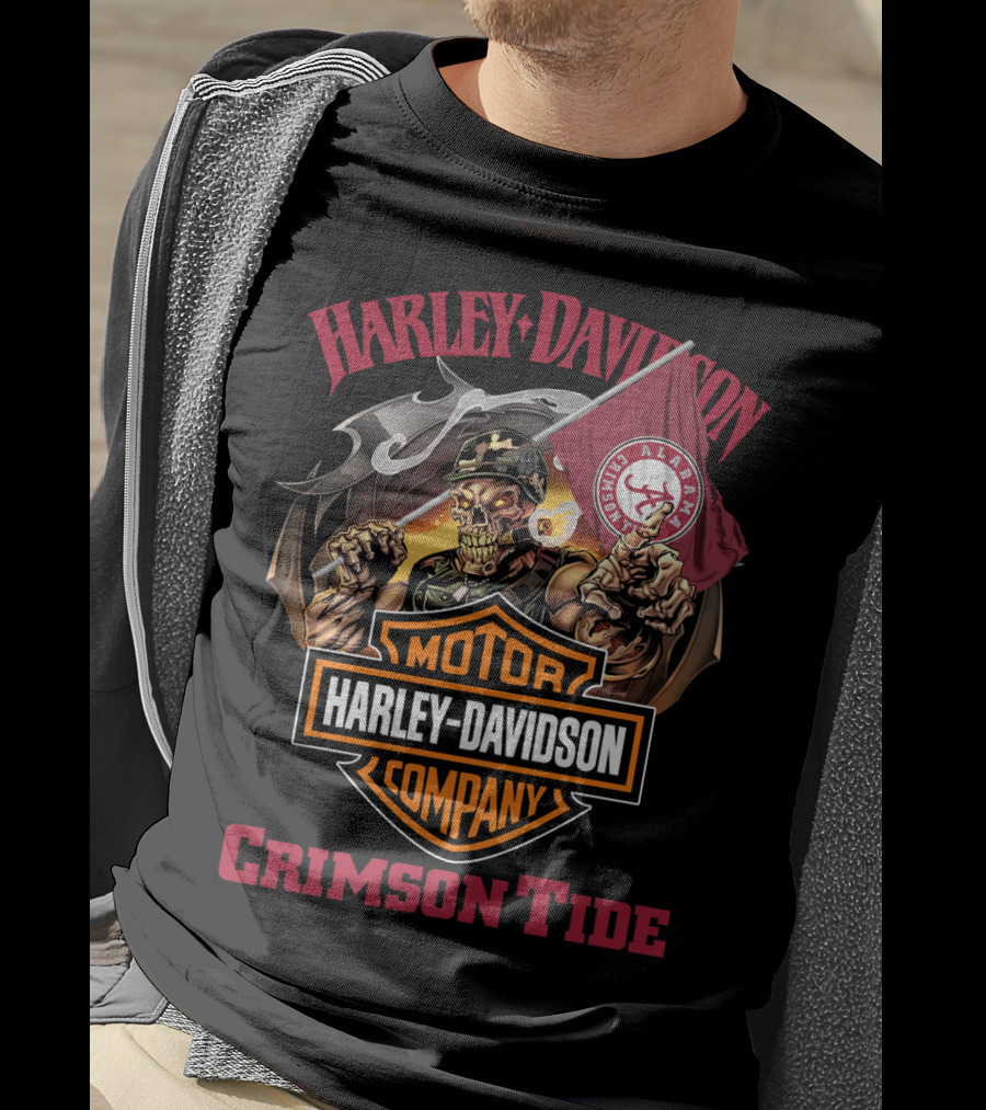 Harley Davidson Motor Company Crimson Tide Alabama Flag Skeleton T-Shirt