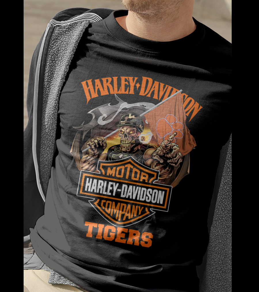 Harley Davidson Motor Company Clemson Tigers Flag Skeleton Rider T-Shirt