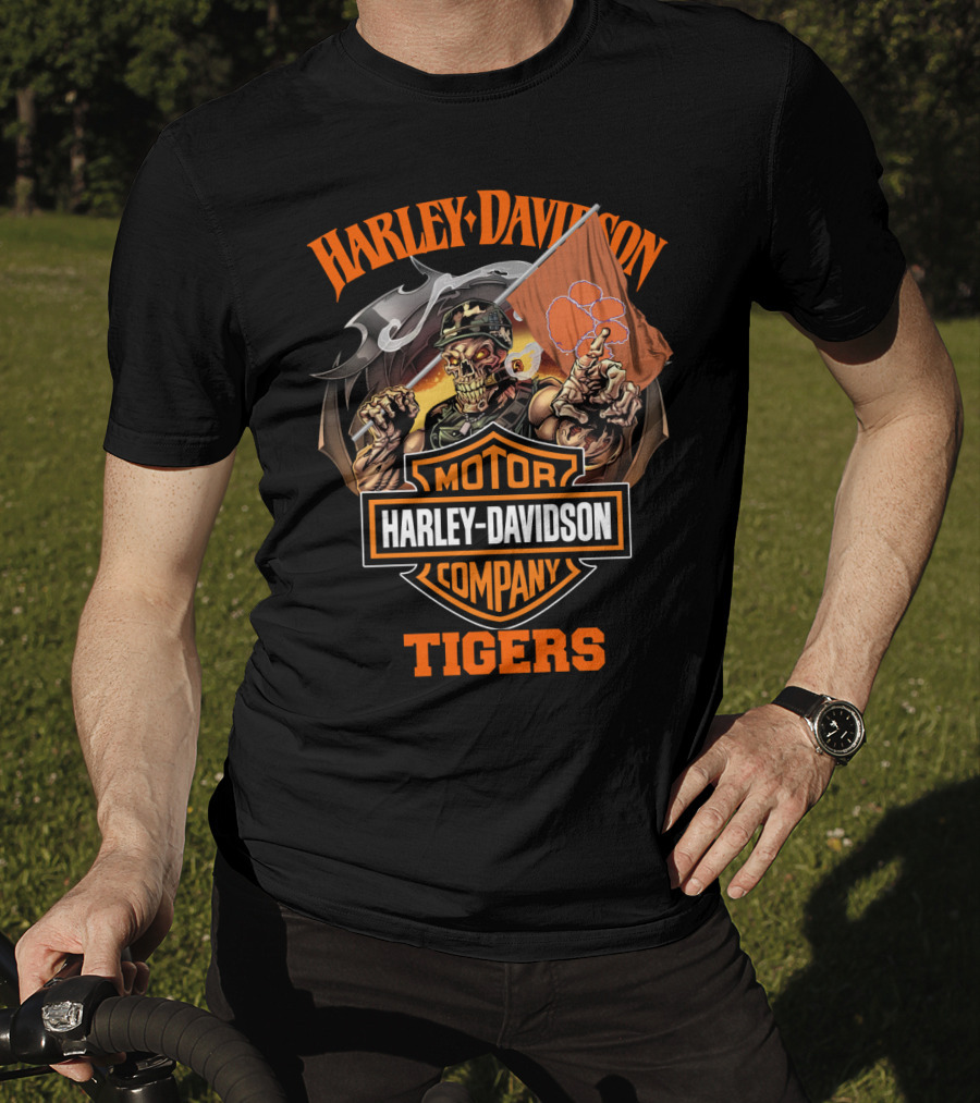 Harley Davidson Motor Company Clemson Tigers Flag Skeleton Rider T-Shirt