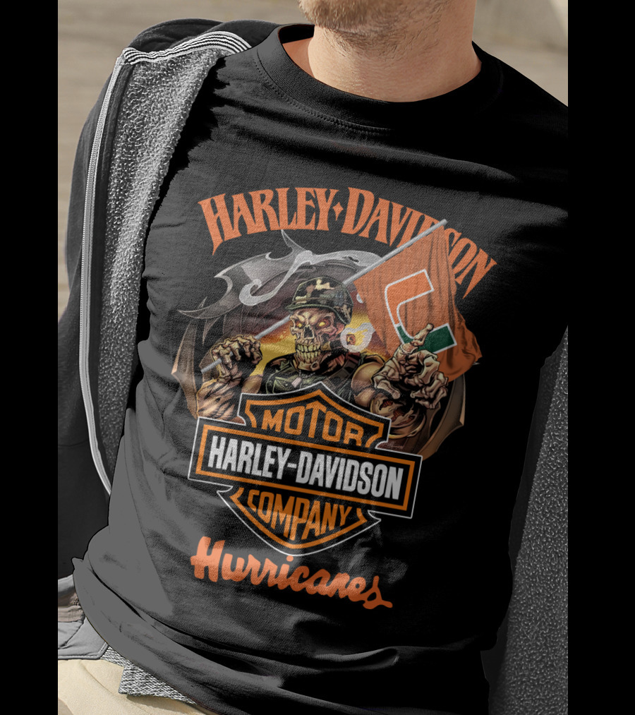 Harley Davidson Motor Company Miami Hurricanes Skeleton Flag T-Shirt