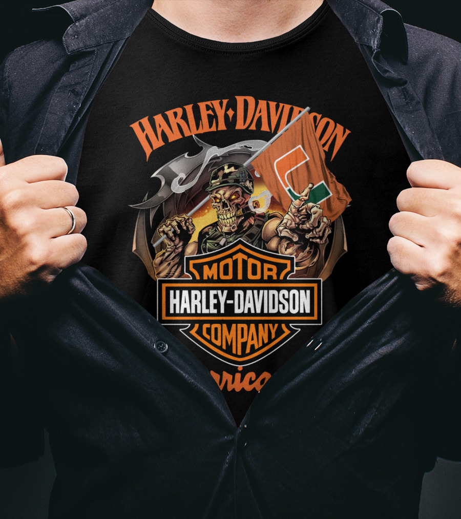 Harley Davidson Motor Company Miami Hurricanes Skeleton Flag T-Shirt