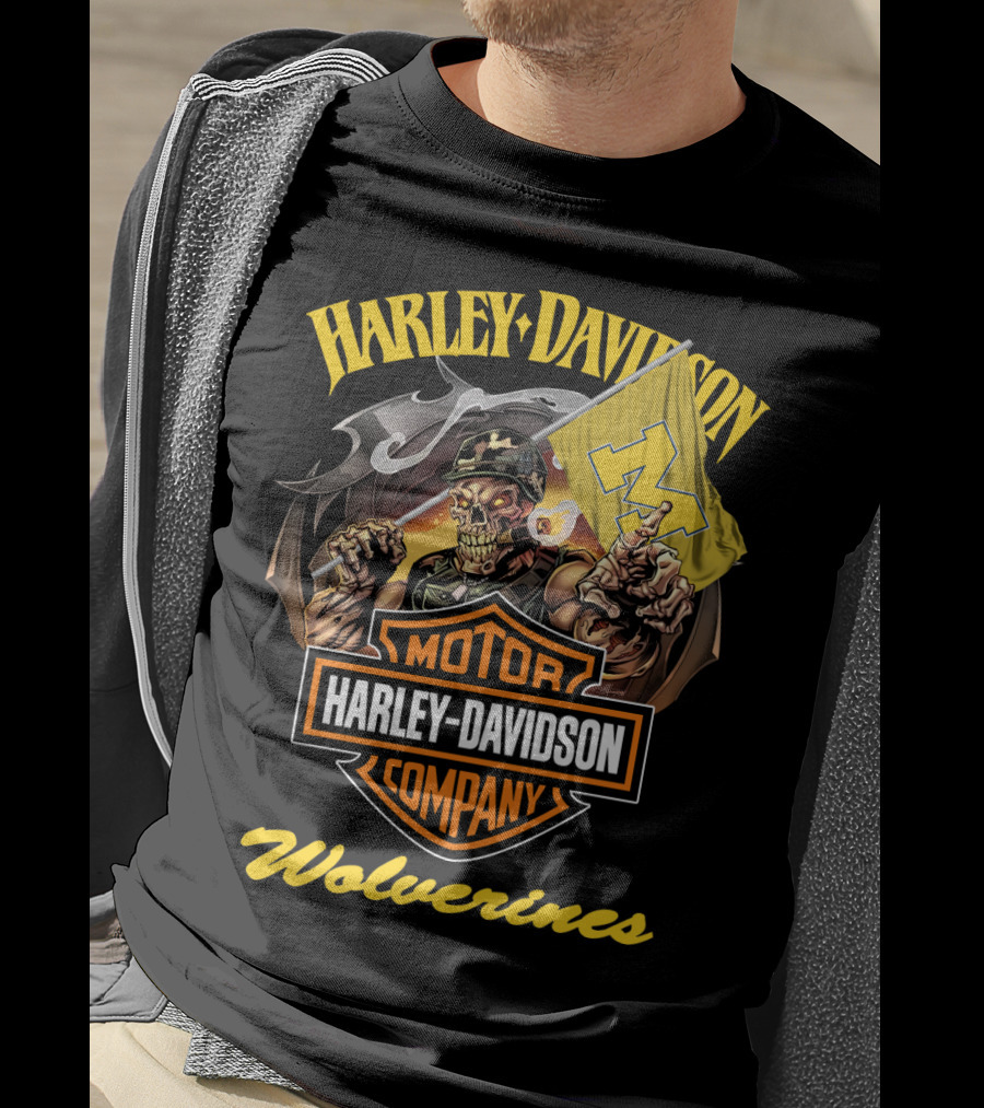 Harley Davidson Motor Company Michigan Wolverines 69 Flag Skeleton T-Shirt