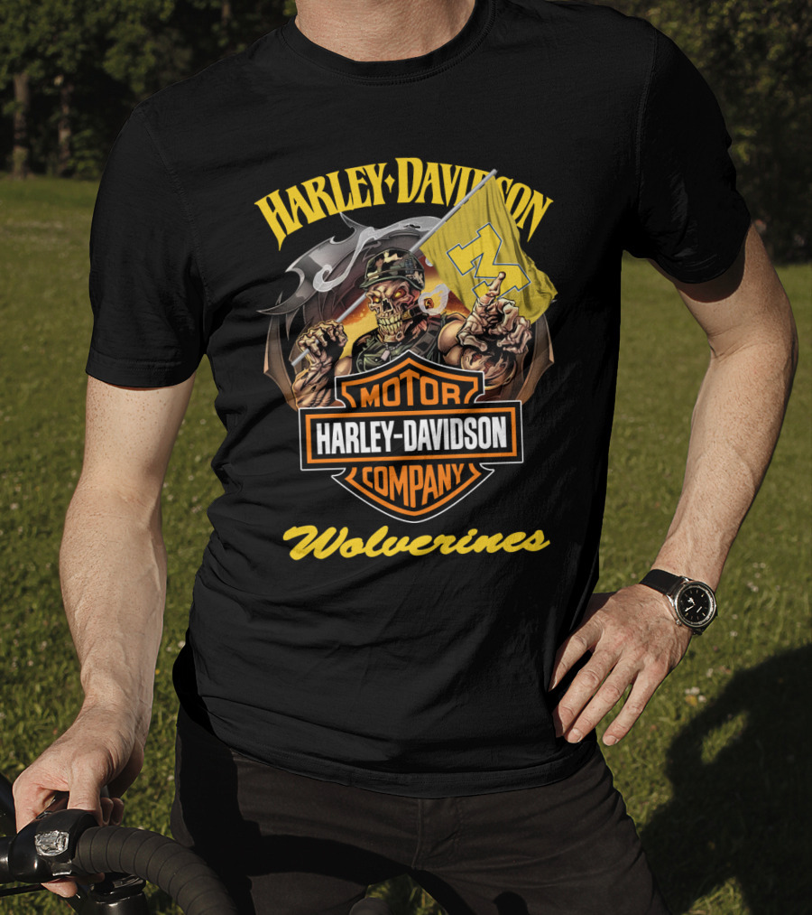 Harley Davidson Motor Company Michigan Wolverines 69 Flag Skeleton T-Shirt