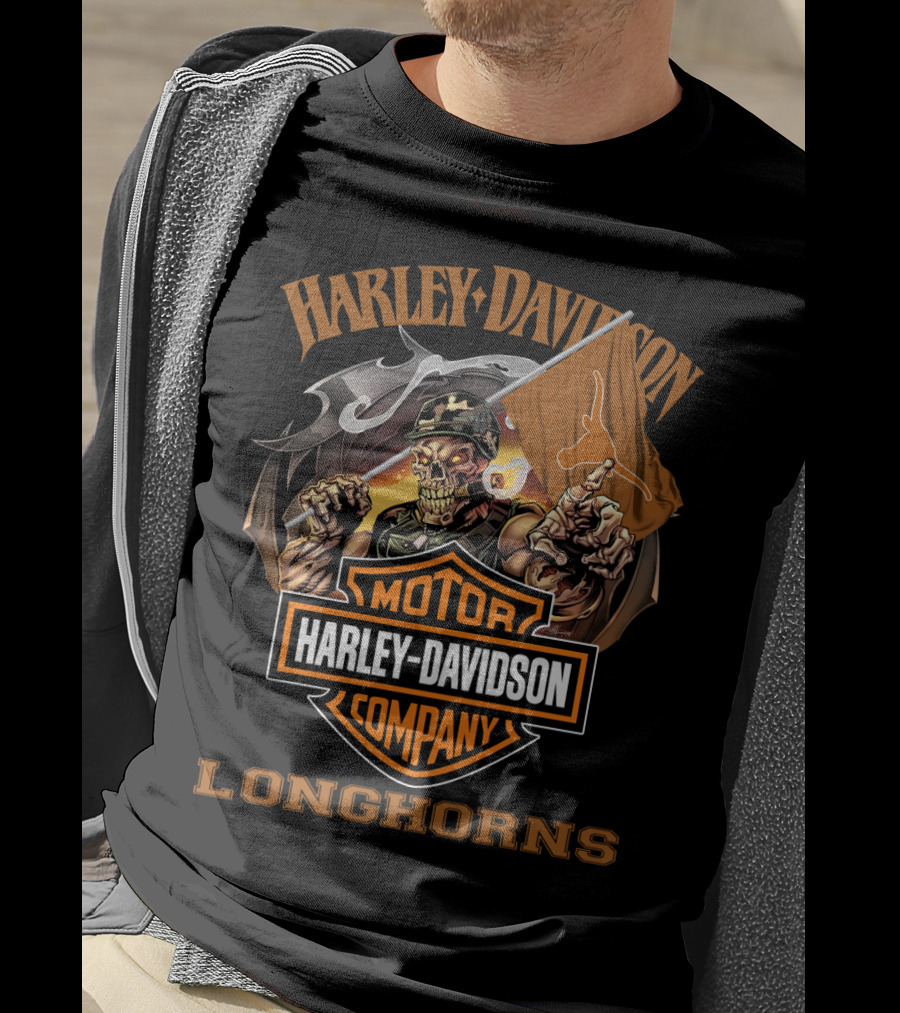 Harley Davidson Longhorns Skeleton With Flag Motor Company T-Shirt