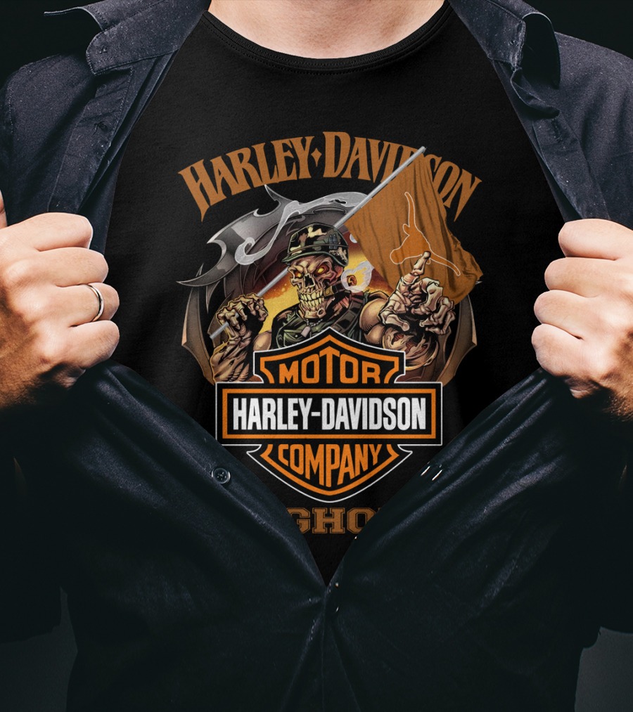 Harley Davidson Longhorns Skeleton With Flag Motor Company T-Shirt