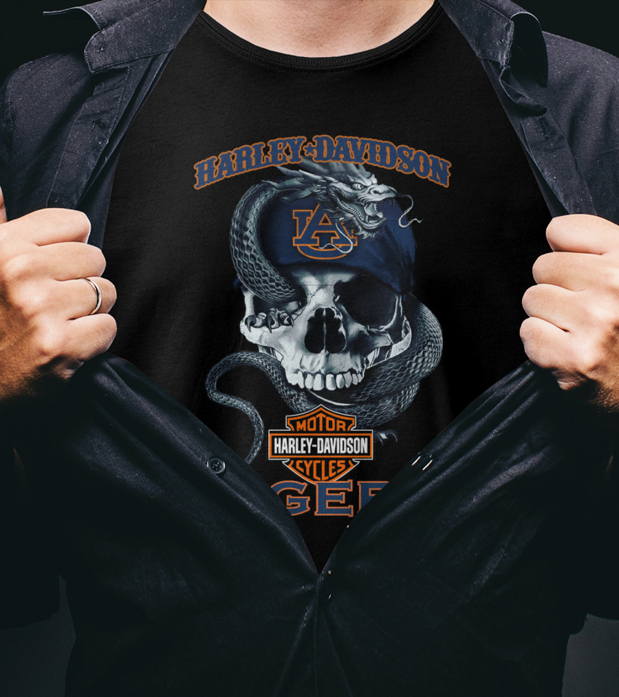 Harley Davidson Motor Cycles Auburn Tigers Skull Serpent T-Shirt