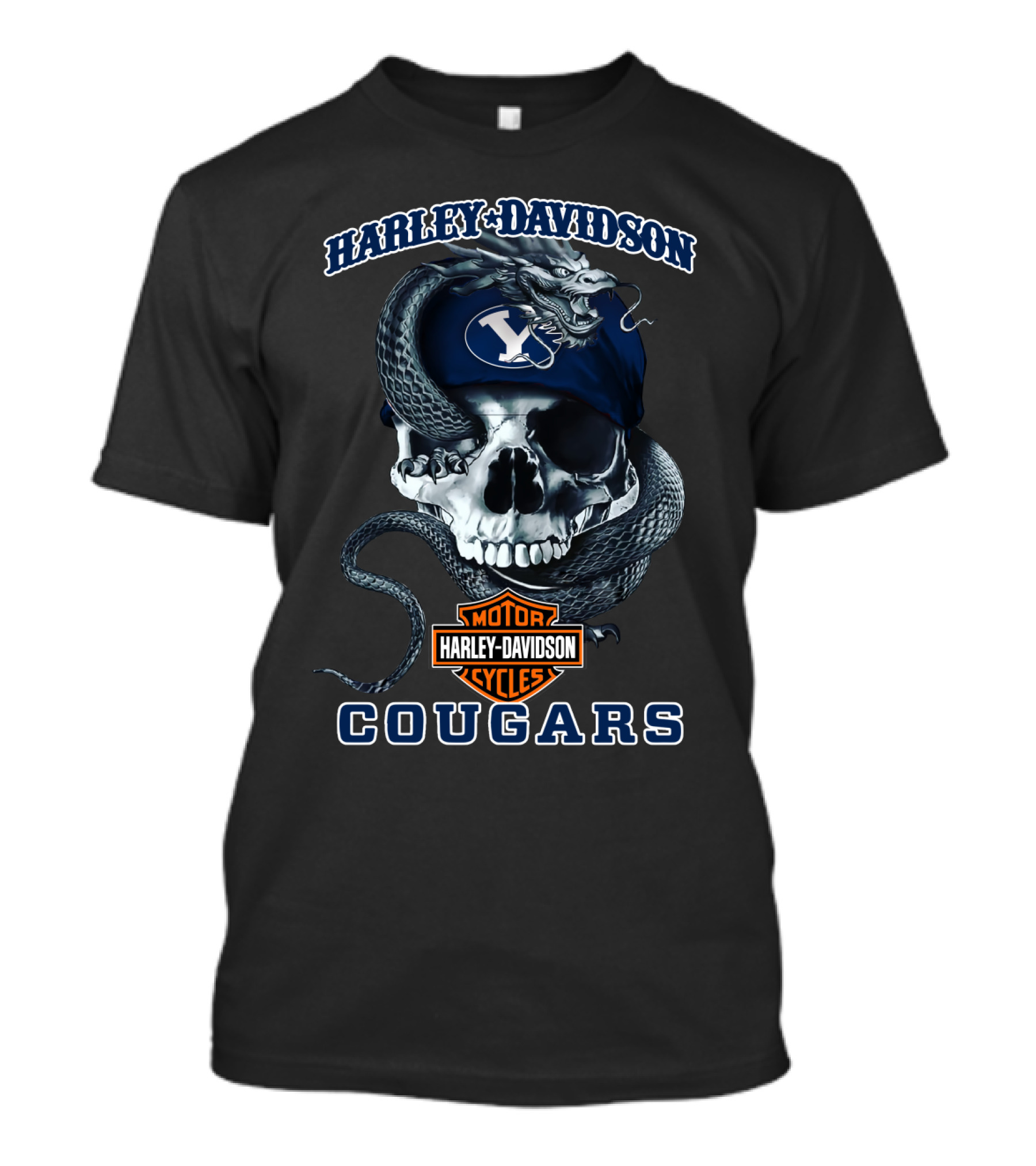 Harley Davidson Cougars Skull Snake Byu 68 Motor Cycles T-Shirt