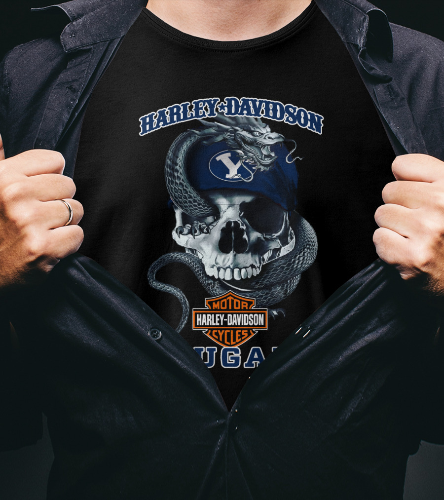 Harley Davidson Cougars Skull Snake Byu 68 Motor Cycles T-Shirt