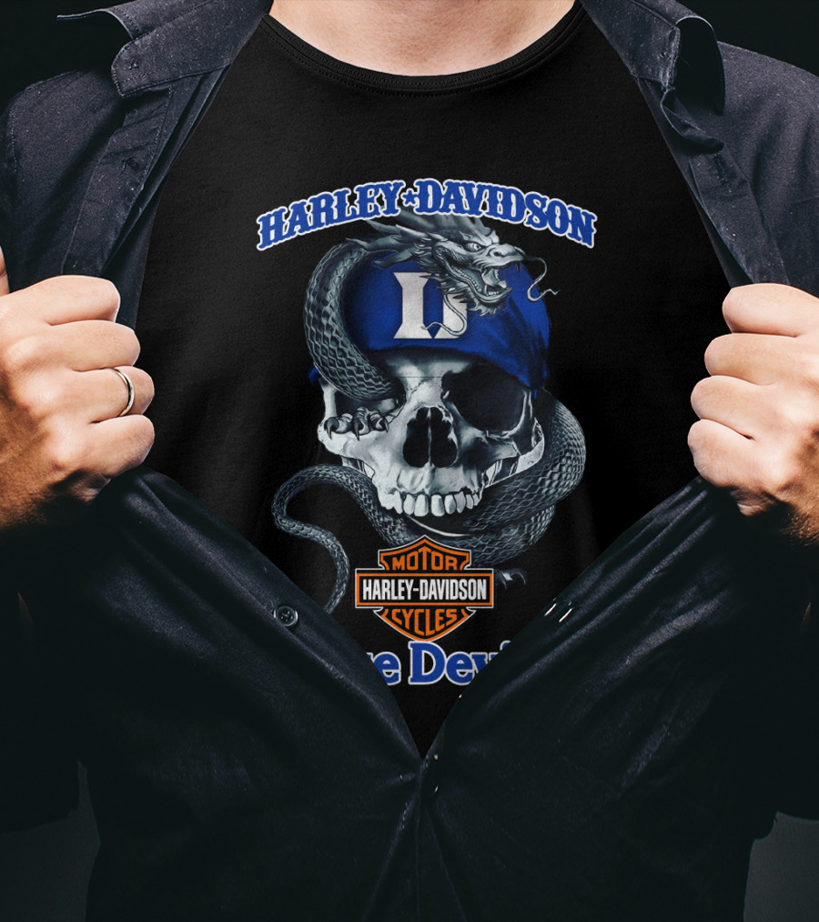 Harley Davidson Blue Devils Skull With Snake And Motor T-Shirt