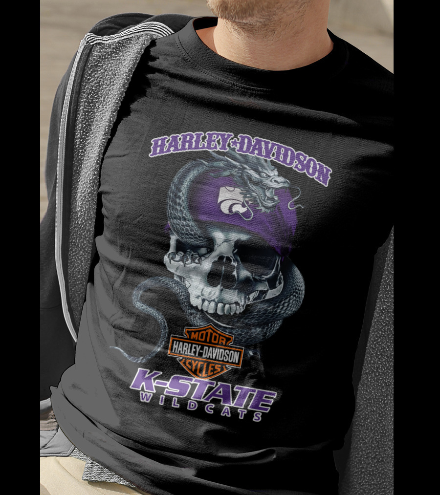 Harley Davidson K-State Wildcats Skull Snake Logo Mashup T-Shirt