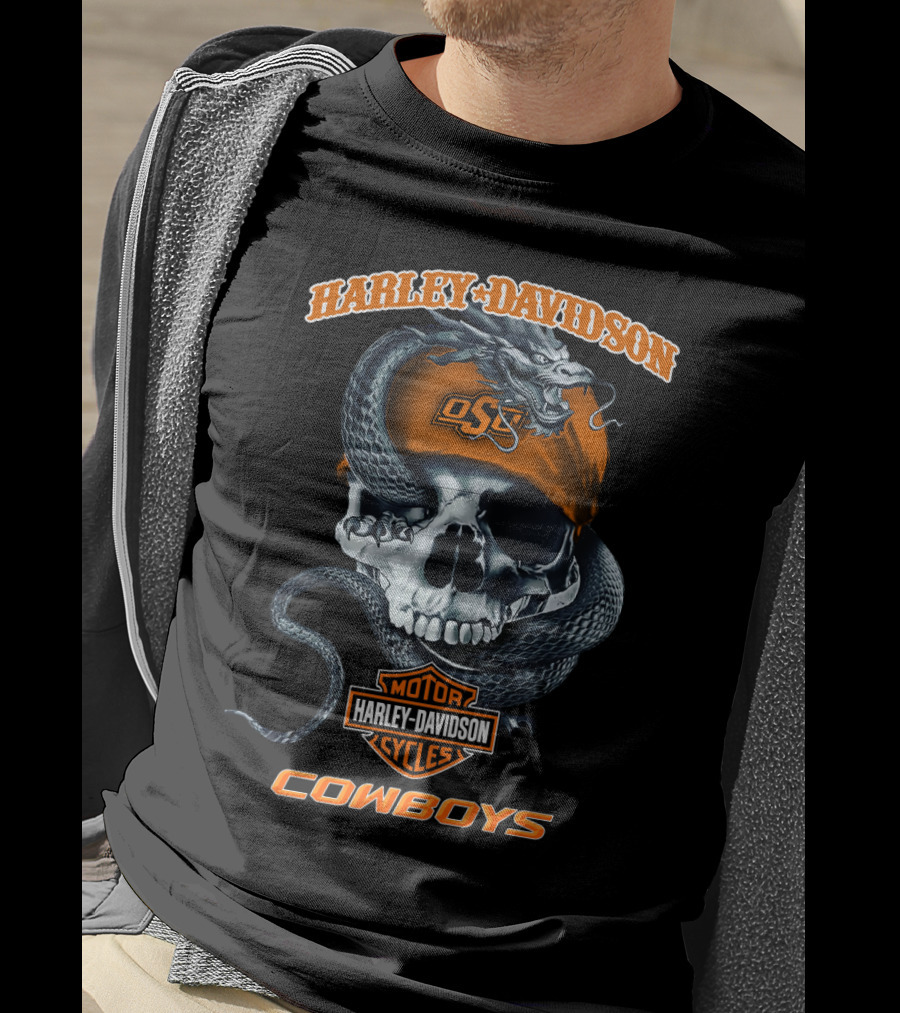 Harley Davidson Motor Cycles Osu Skull Cowboy Oklahoma State Cowboys T-Shirt