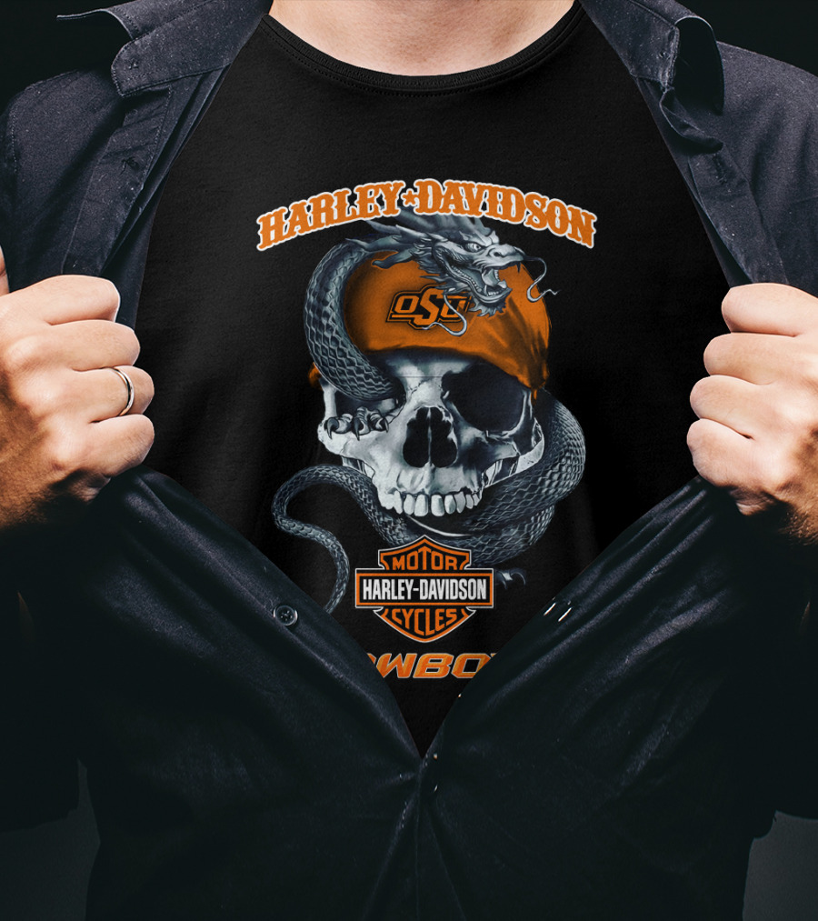 Harley Davidson Motor Cycles Osu Skull Cowboy Oklahoma State Cowboys T-Shirt