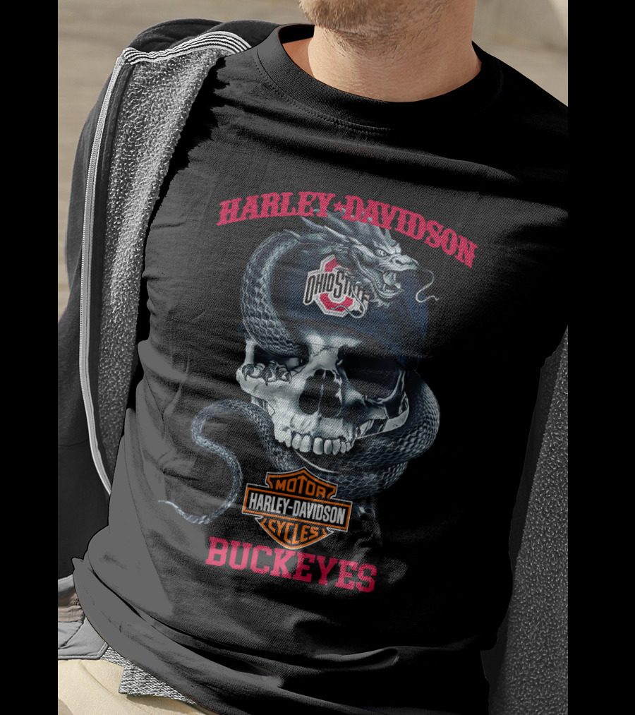 Ohio State Buckeyes Harley Davidson Skull Snake Motorcycle Cycles T-Shirt