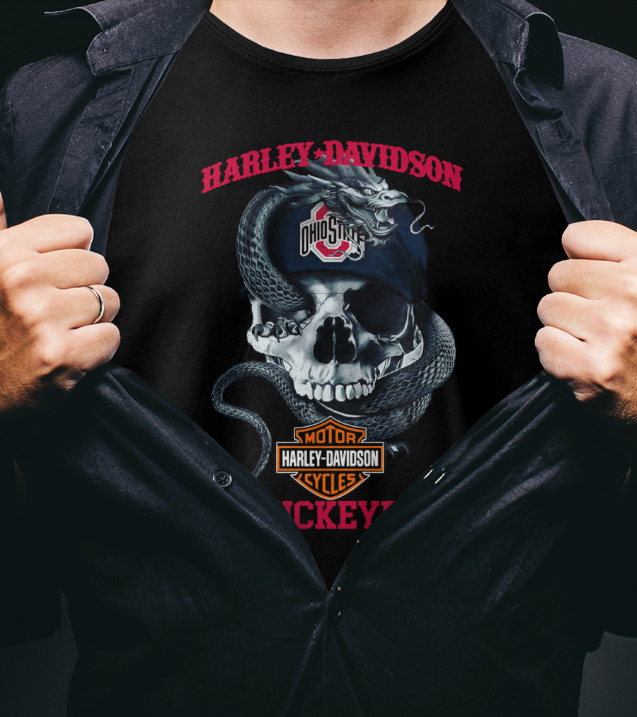 Ohio State Buckeyes Harley Davidson Skull Snake Motorcycle Cycles T-Shirt
