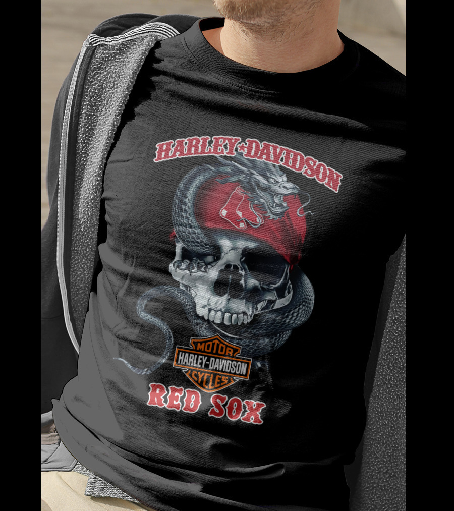 Harley Davidson Red Sox Skull With Snake And Motorcycles T-Shirt