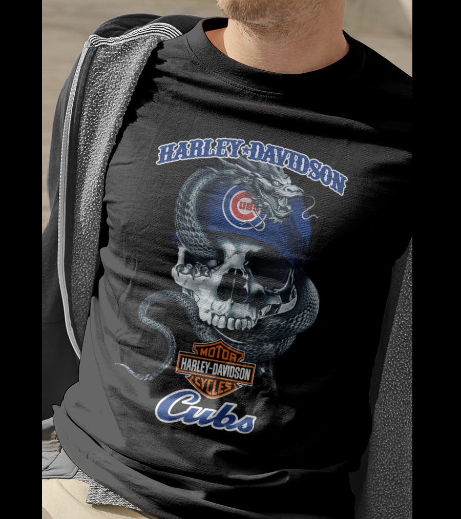 Harley Davidson Motor Cycles Chicago Cubs Skull And Snake T-Shirt
