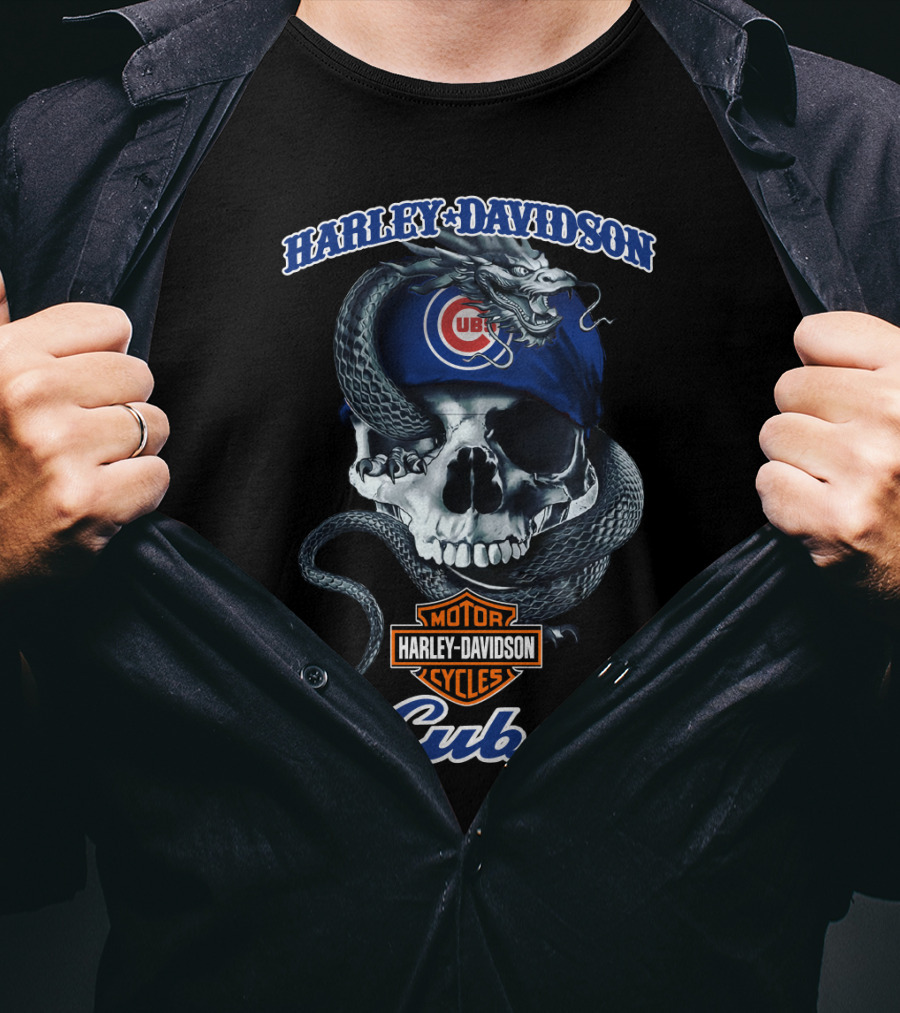 Harley Davidson Motor Cycles Chicago Cubs Skull And Snake T-Shirt