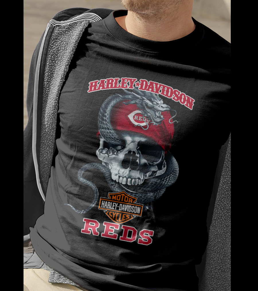 Harley Davidson Motorcycle Cycles Cincinnati Reds Skull And Snake T-Shirt