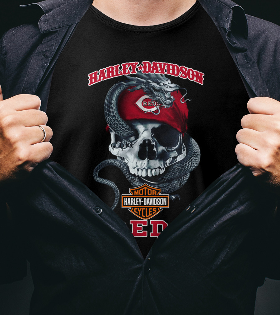 Harley Davidson Motorcycle Cycles Cincinnati Reds Skull And Snake T-Shirt