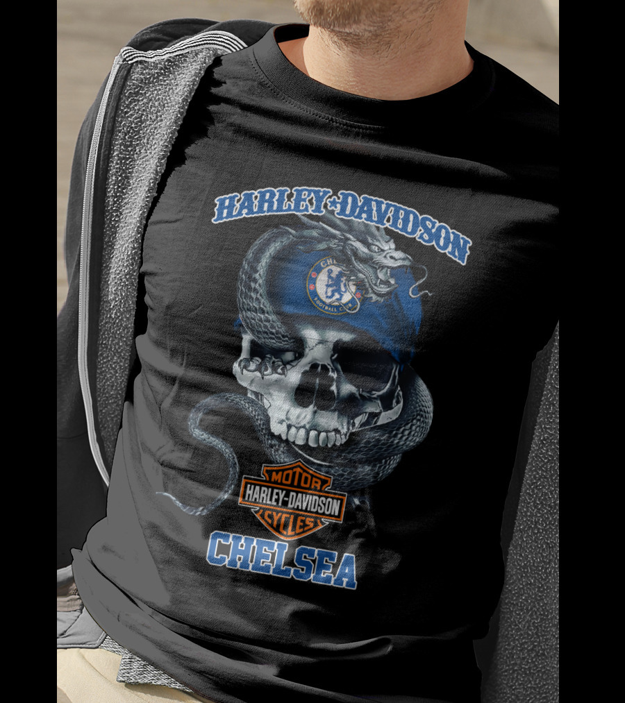 Harley Davidson Motor Cycles Chelsea Football Club Skull Snake T-Shirt