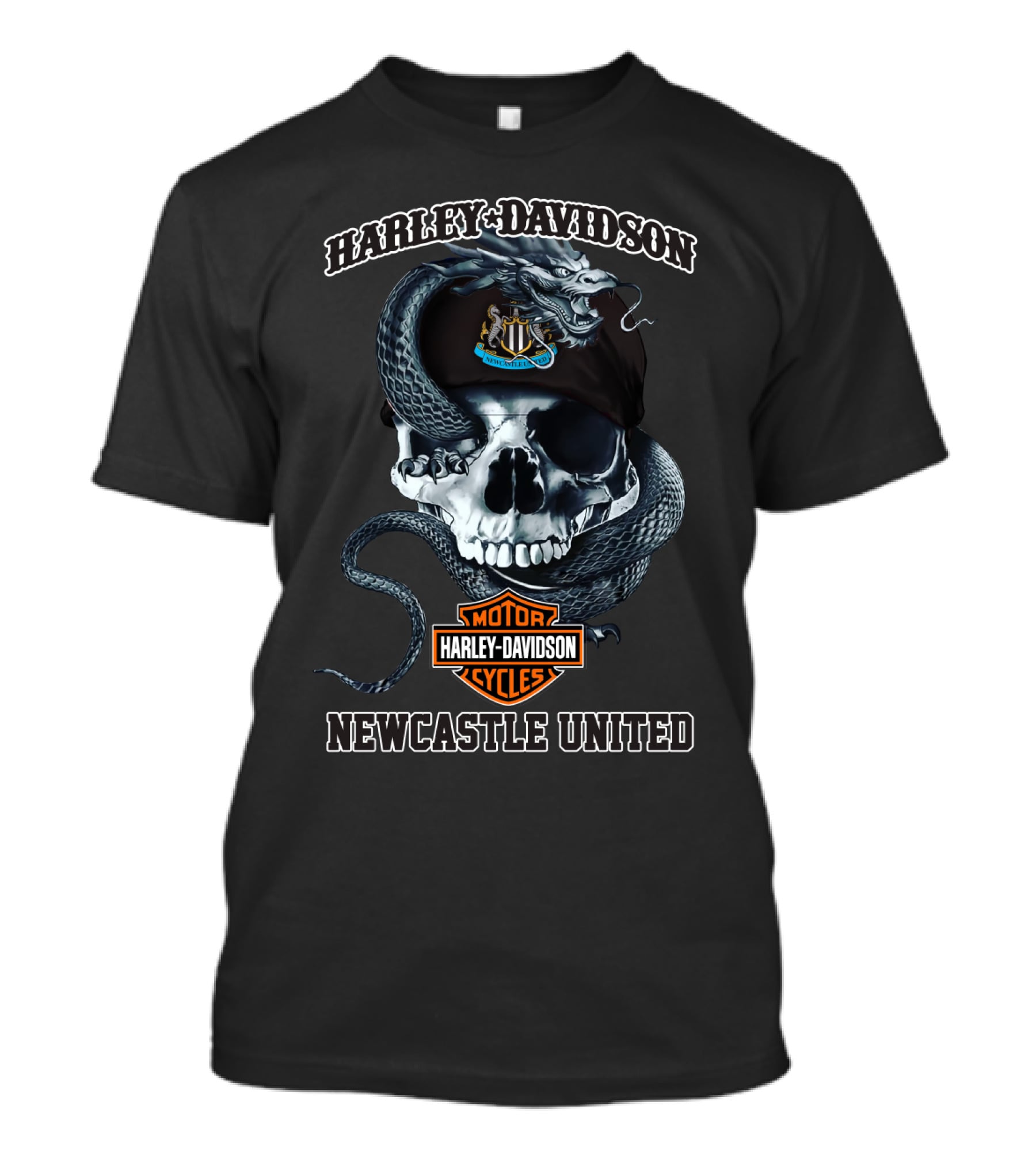 Harley Davidson Skull With Newcastle United And Snake T-Shirt