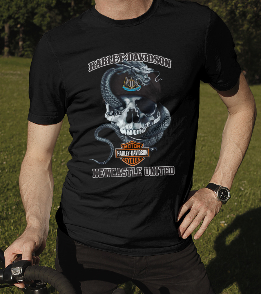 Harley Davidson Skull With Newcastle United And Snake T-Shirt