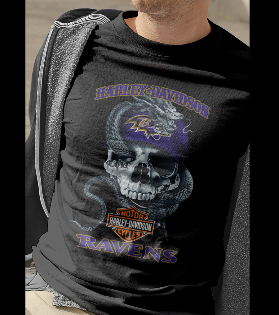 Harley Davidson Motor Cycles Baltimore Ravens Skull And Snake T-Shirt