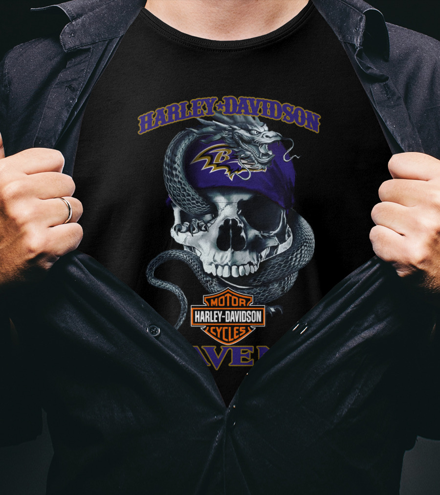 Harley Davidson Motor Cycles Baltimore Ravens Skull And Snake T-Shirt