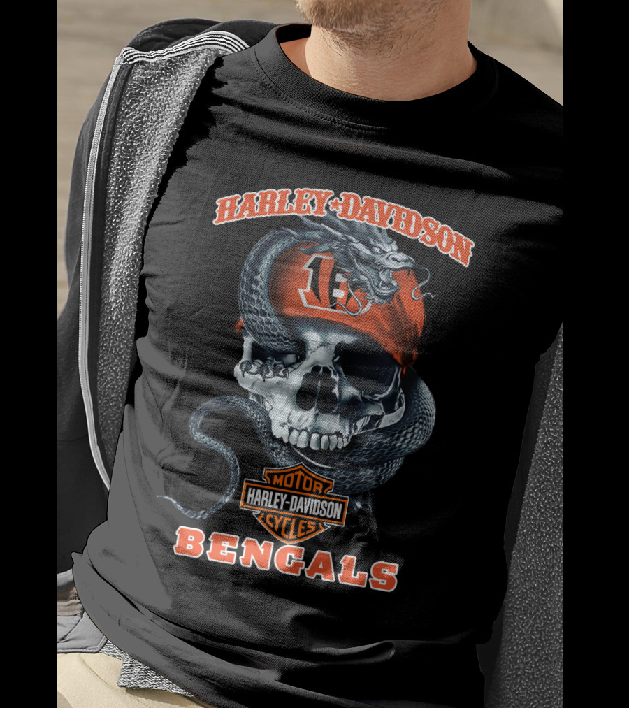 Harley Davidson Motor Cycles Bengals 13 Skull And Snake T-Shirt