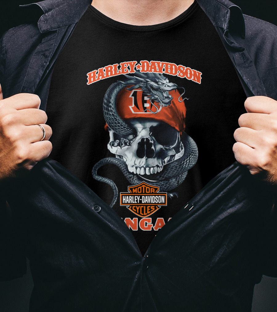 Harley Davidson Motor Cycles Bengals 13 Skull And Snake T-Shirt