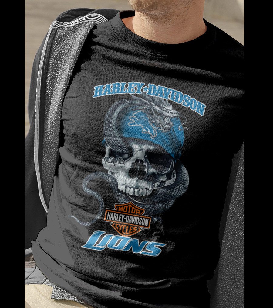 Harley Davidson Motor Cycles Detroit Lions Snake Skull T-Shirt