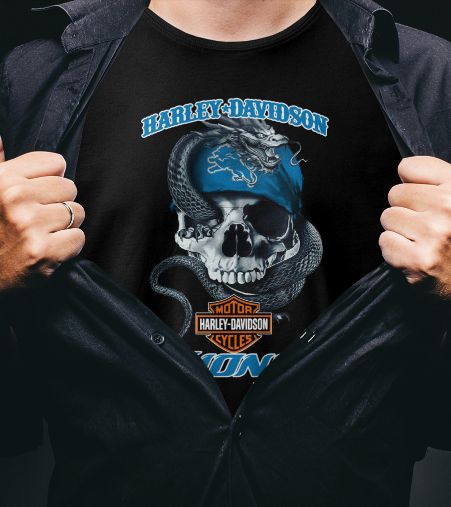 Harley Davidson Motor Cycles Detroit Lions Snake Skull T-Shirt