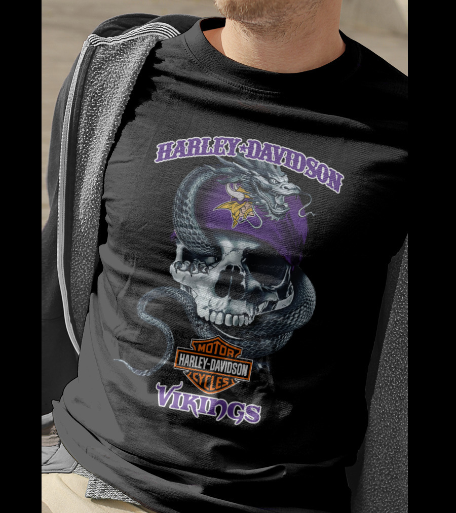 Harley Davidson Minnesota Vikings Skull With Dragon Bandana T-Shirt